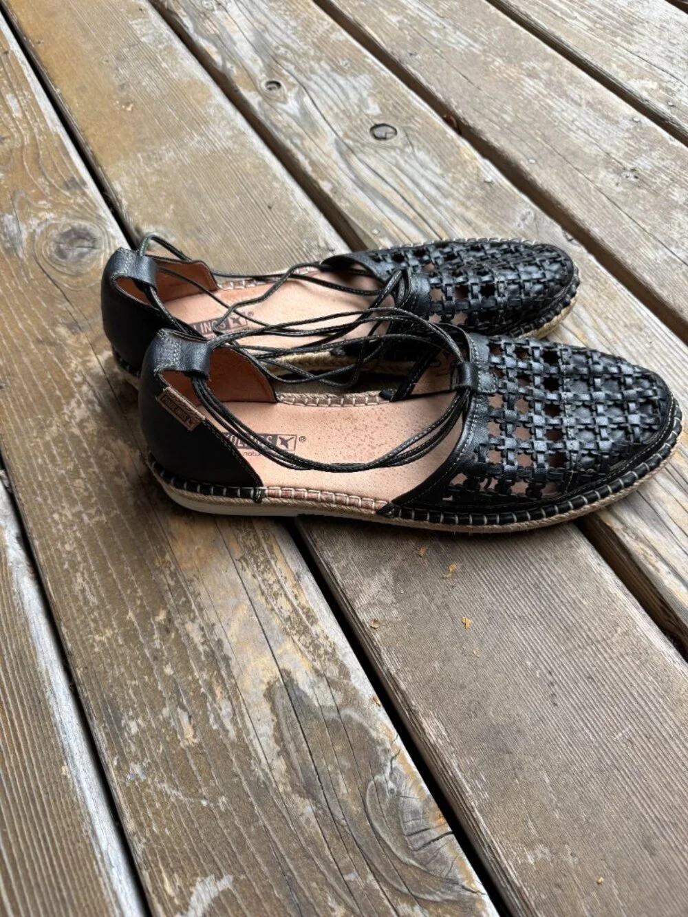 Pikolinos Cadamunt Black Woven Leather Espadrille Wrapped Flat Sandals - EU42/11